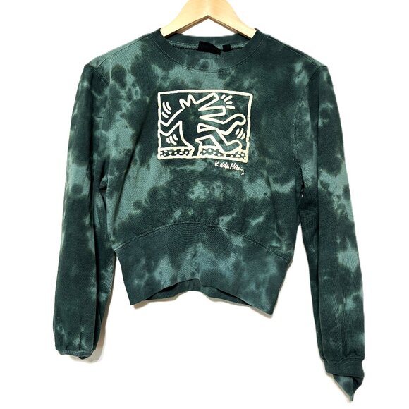 Keith Haring Green Tie-Dye Graphic Crop Sweater, Size Medium - Picture 1 of 5